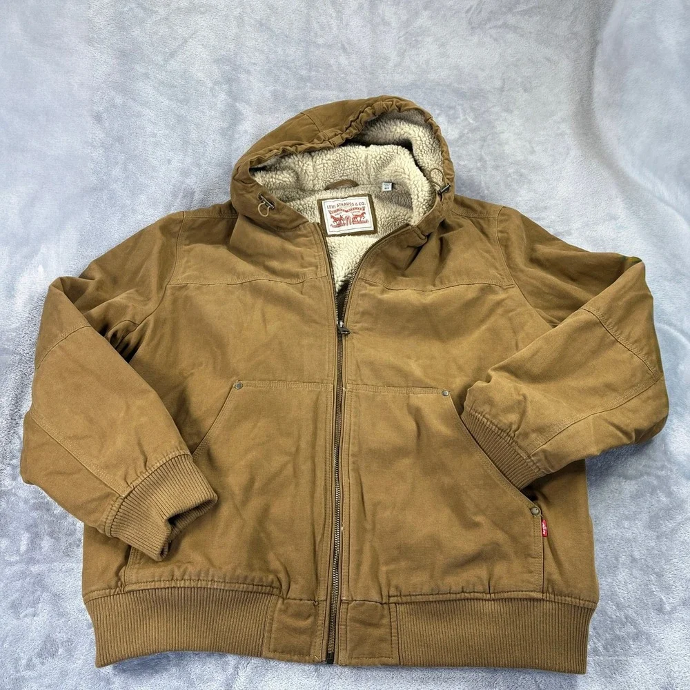 Levis Hooded Canvas Work Barn Jacket XXL Brown Sherpa Lined Utility Workwear